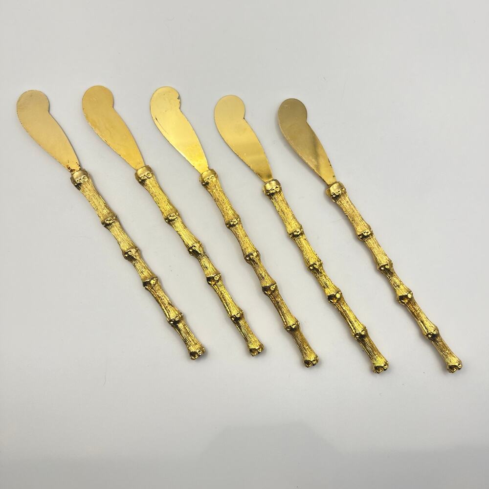 Vintage 5 Piece Set Gold Plated Bamboo Butter Knives Charcuterie Hors D'oeuvre